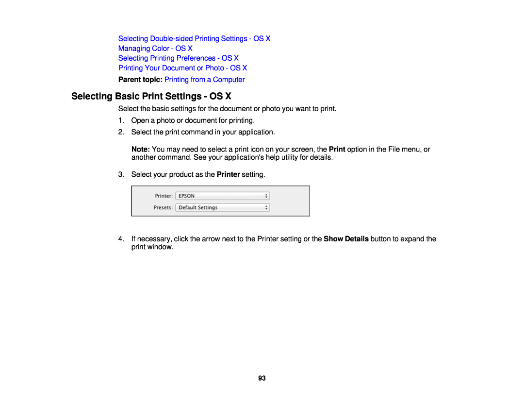 Epson WF-2650 manual Selecting Basic Print Settings - OS, Managing Color - OS, Selecting Printing Preferences - OS 