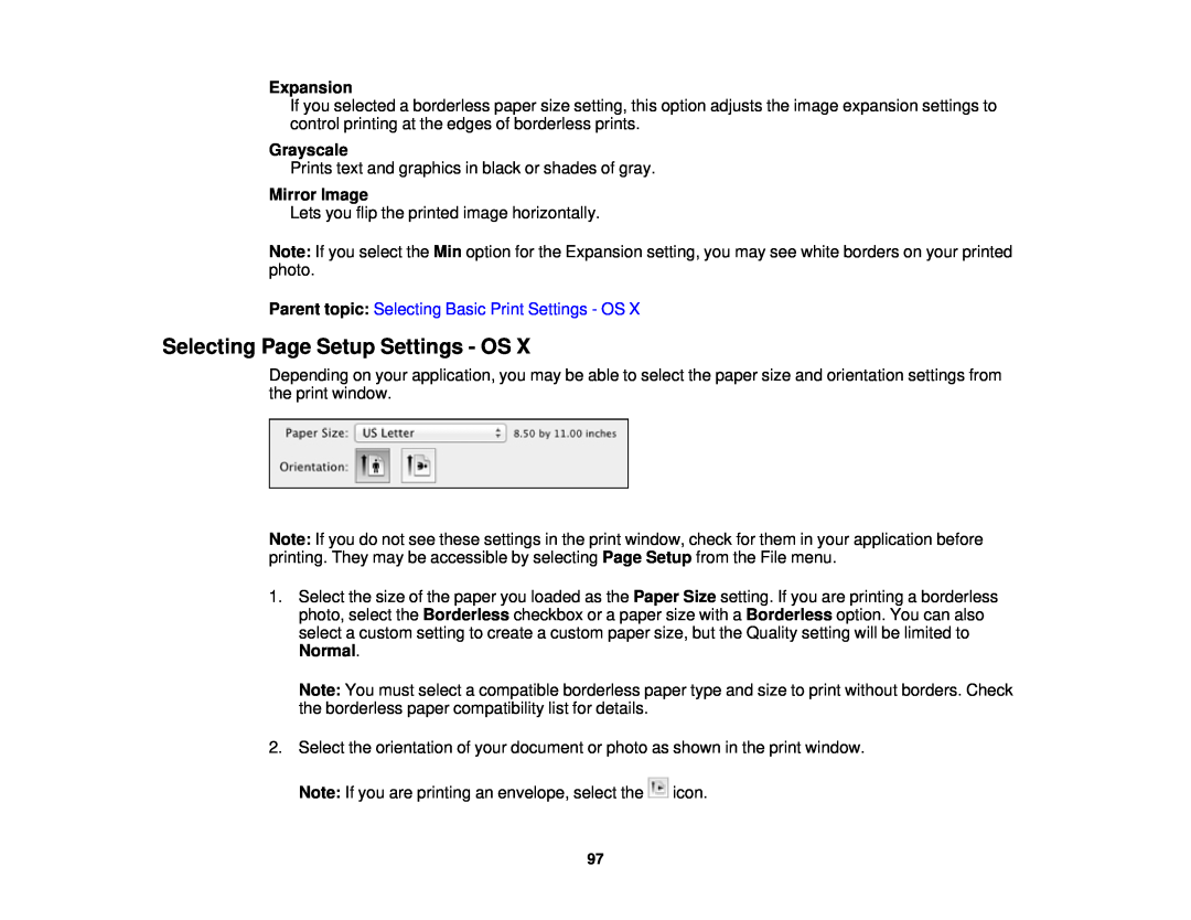 Epson WF-2650 manual Selecting Page Setup Settings - OS, Expansion, Grayscale, Mirror Image 