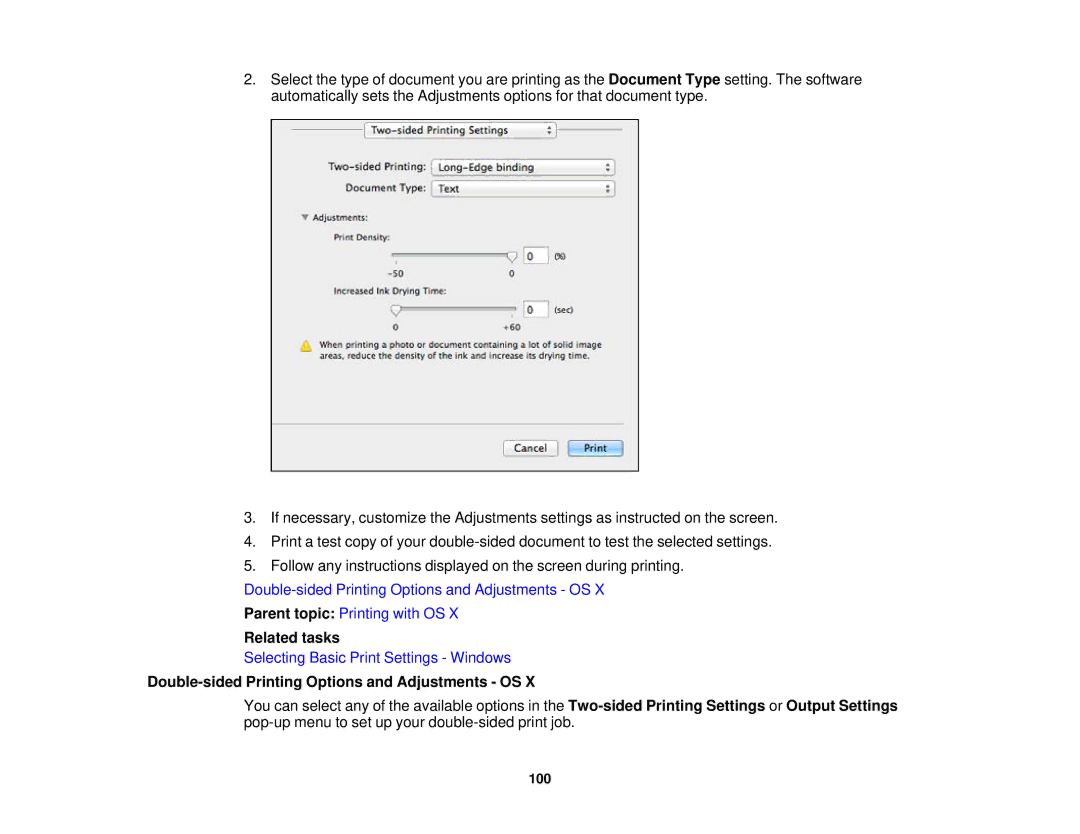 Epson WF-2650 manual Related tasks, Double-sided Printing Options and Adjustments OS 