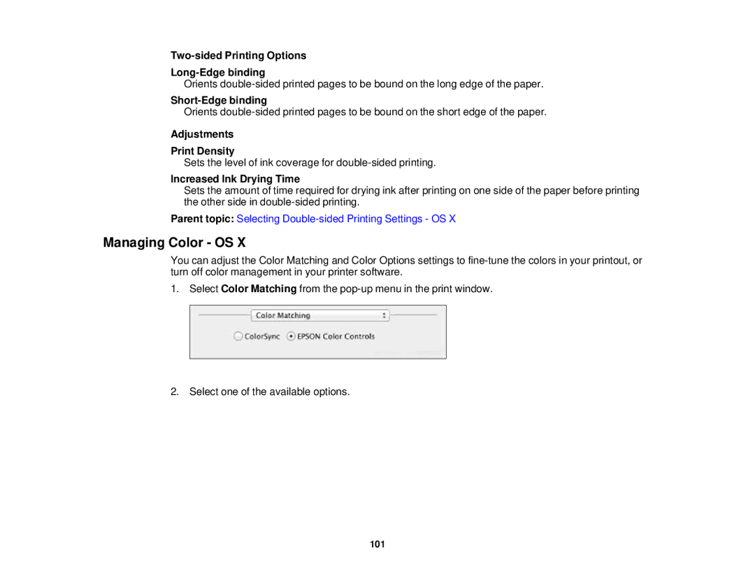 Epson WF-2650 manual Managing Color OS, Two-sided Printing Options Long-Edge binding, Short-Edge binding 