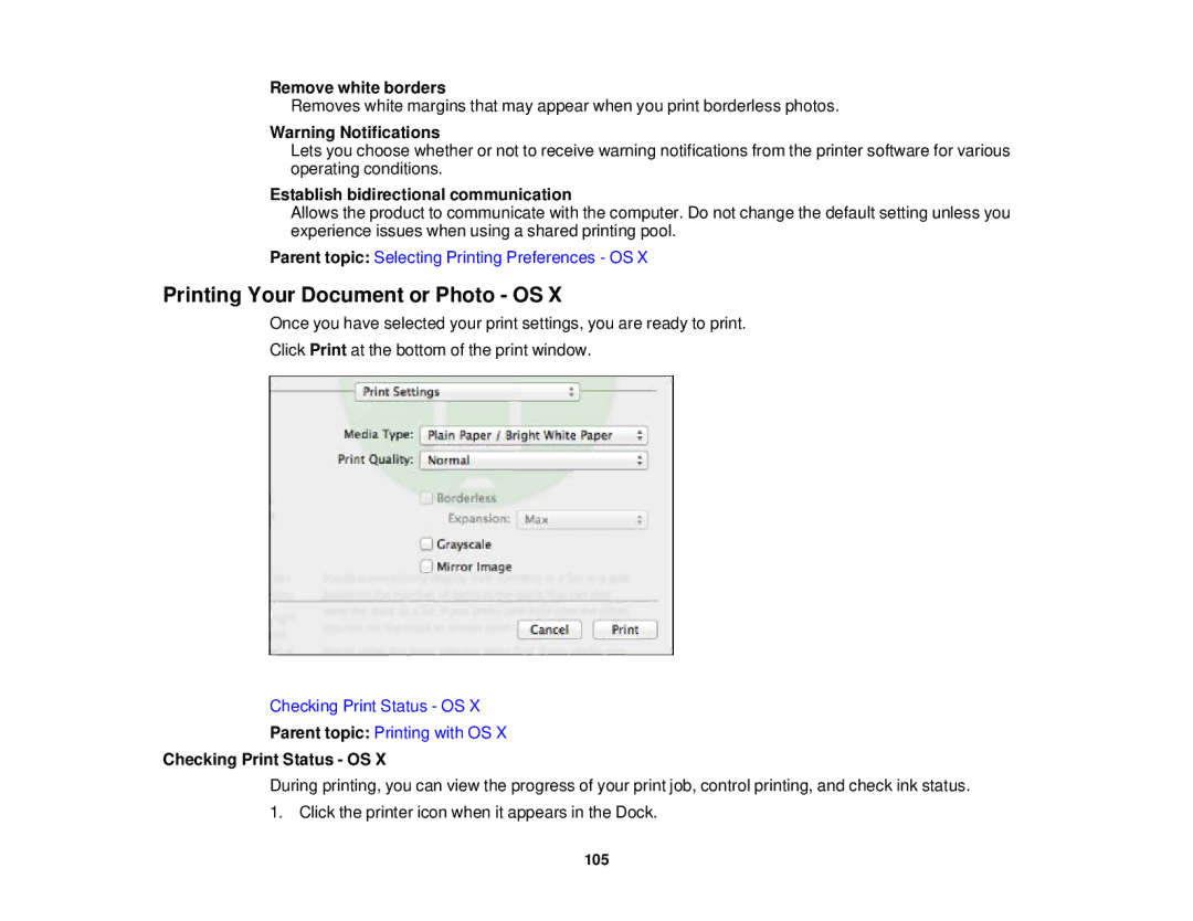 Epson WF-2650 manual Printing Your Document or Photo OS, Establish bidirectional communication, Checking Print Status OS 