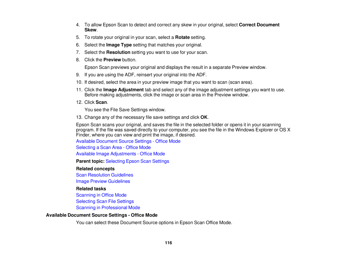 Epson WF-2650 manual Related concepts, Available Document Source Settings Office Mode 