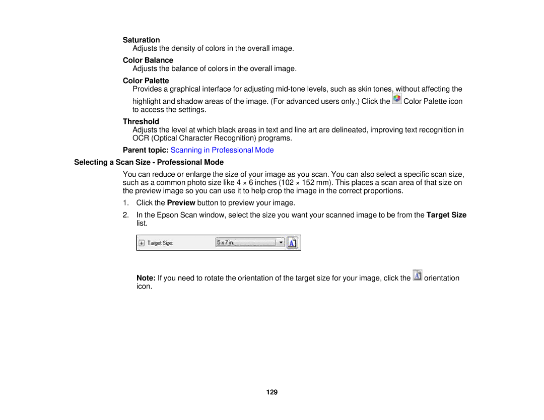 Epson WF-2650 manual Saturation, Color Balance, Color Palette, Selecting a Scan Size Professional Mode 