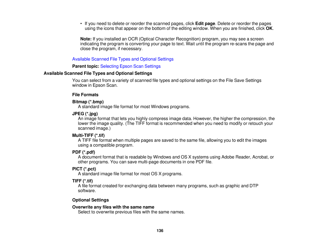 Epson WF-2650 Available Scanned File Types and Optional Settings, File Formats Bitmap *.bmp, Jpeg *.jpg, Multi-TIFF *.tif 