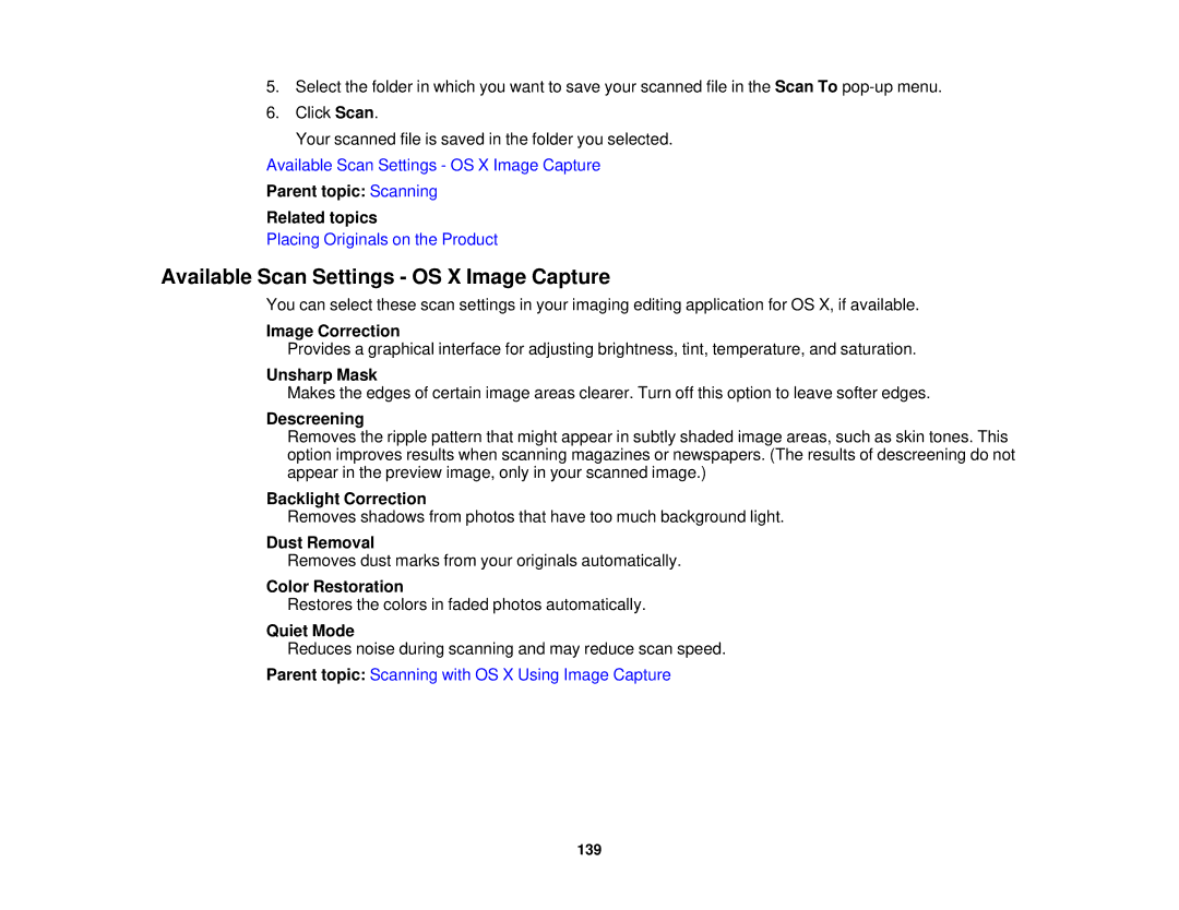 Epson WF-2650 manual Available Scan Settings OS X Image Capture, Image Correction 