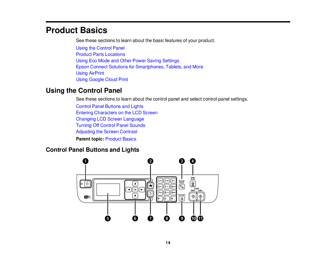 Epson WF-2650 manual Using the Control Panel, Control Panel Buttons and Lights, Parent topic Product Basics 