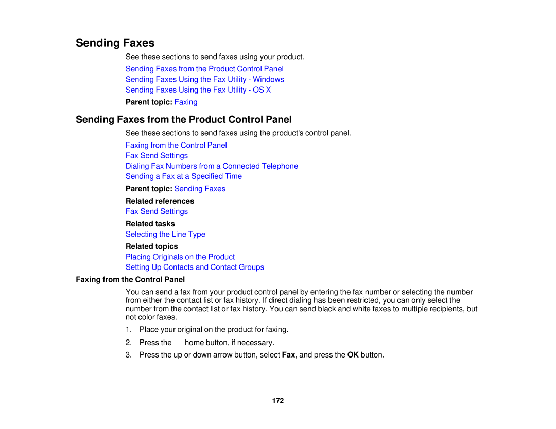 Epson WF-2650 manual Sending Faxes from the Product Control Panel, Parent topic Sending Faxes Related references 