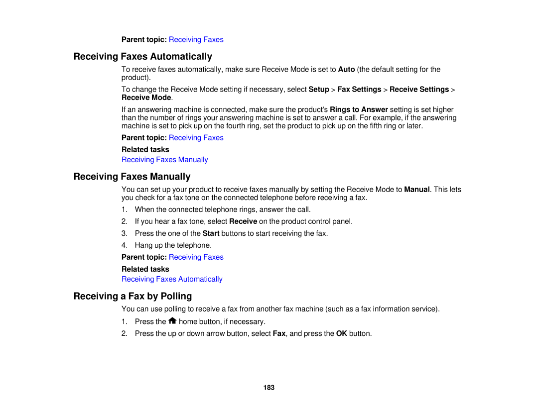 Epson WF-2650 manual Receiving Faxes Automatically, Receiving Faxes Manually, Receiving a Fax by Polling 