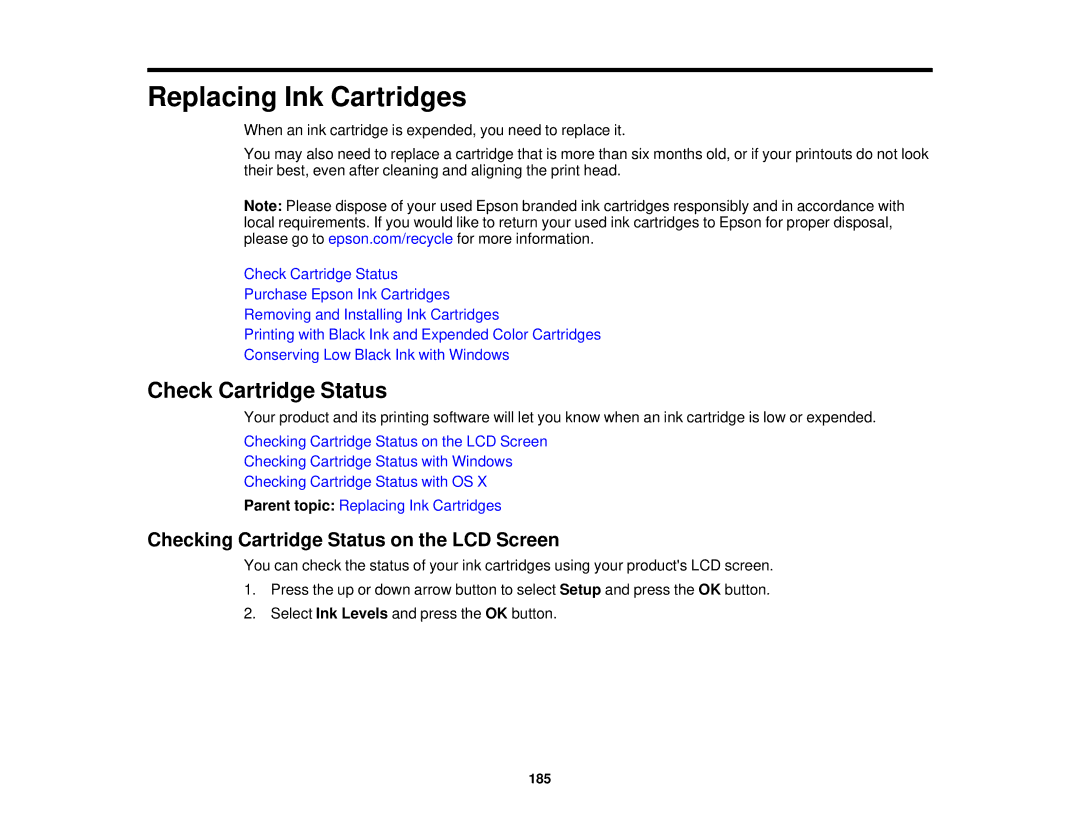 Epson WF-2650 manual Check Cartridge Status, Checking Cartridge Status on the LCD Screen 