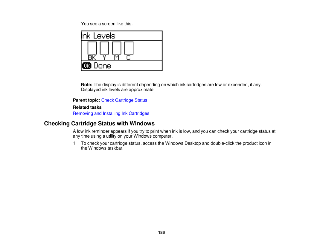 Epson WF-2650 manual Checking Cartridge Status with Windows, Related tasks 