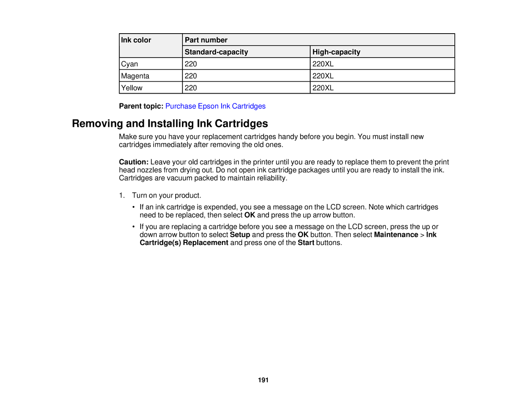 Epson WF-2650 manual Removing and Installing Ink Cartridges, Ink color Part number Standard-capacity High-capacity 