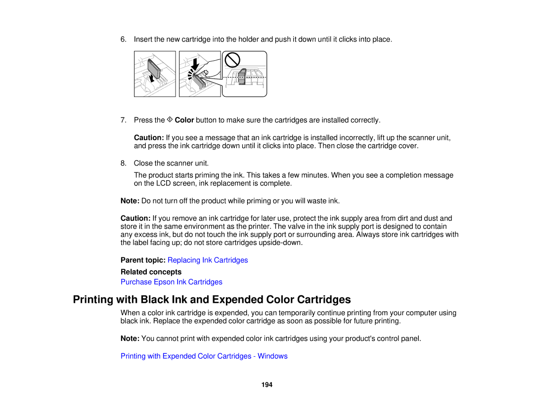 Epson WF-2650 manual Printing with Black Ink and Expended Color Cartridges, Related concepts 