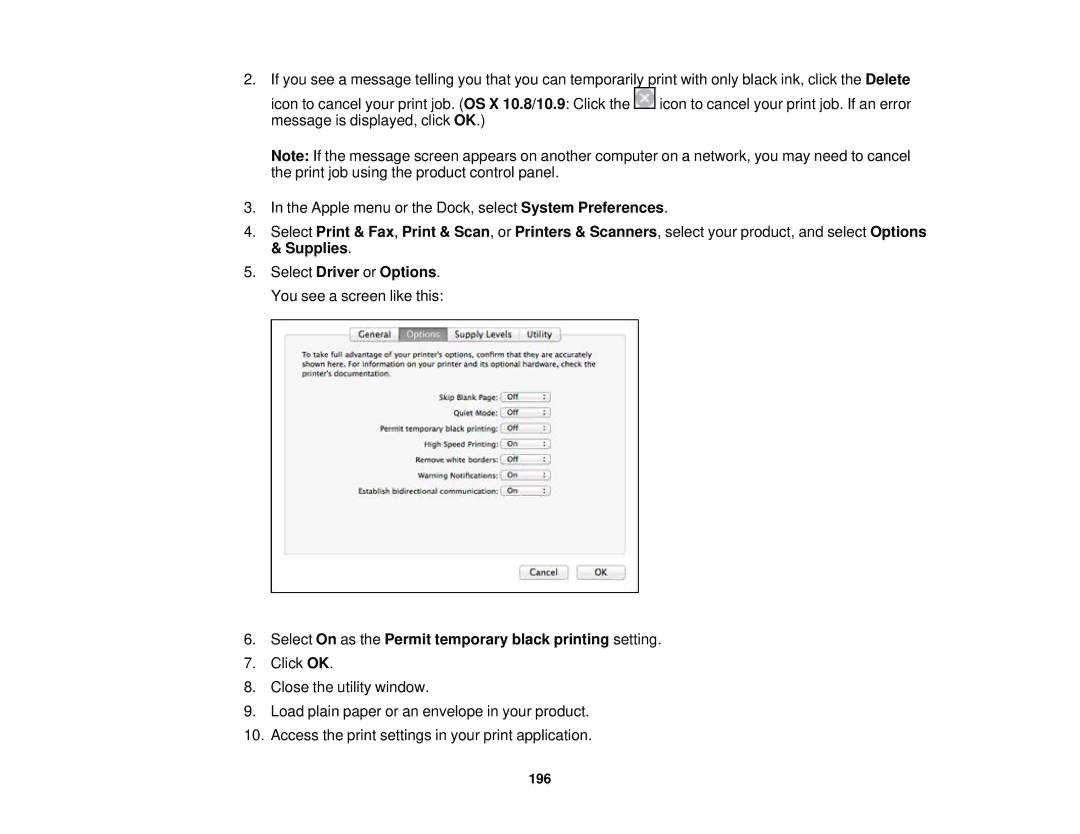 Epson WF-2650 manual Select On as the Permit temporary black printing setting 