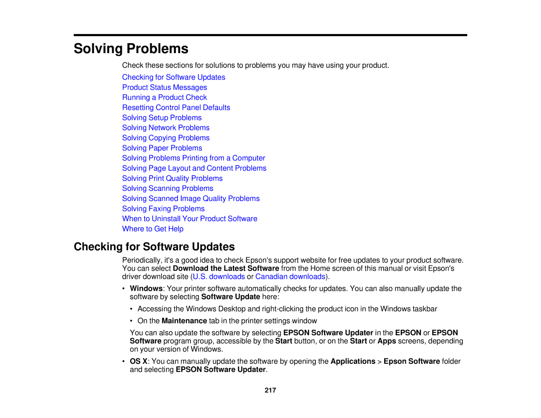 Epson WF-2650 manual Solving Problems, Checking for Software Updates 