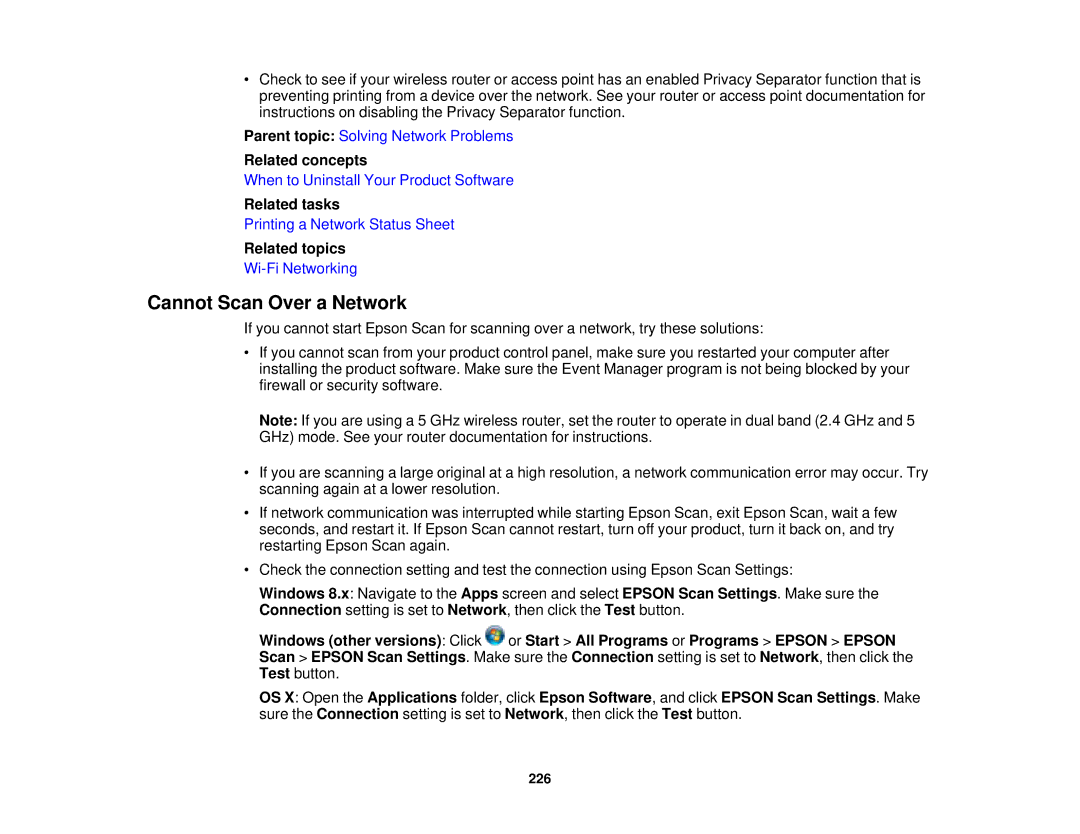 Epson WF-2650 manual Cannot Scan Over a Network, Related tasks 