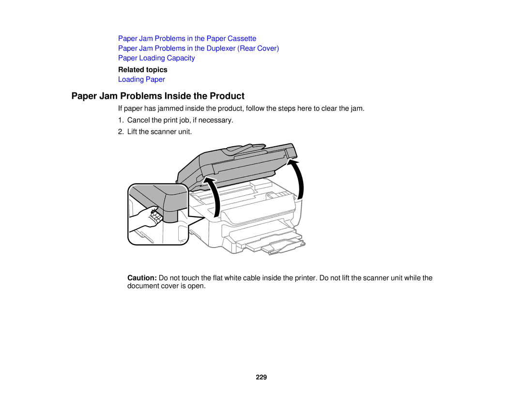 Epson WF-2650 manual Paper Jam Problems Inside the Product, Related topics 