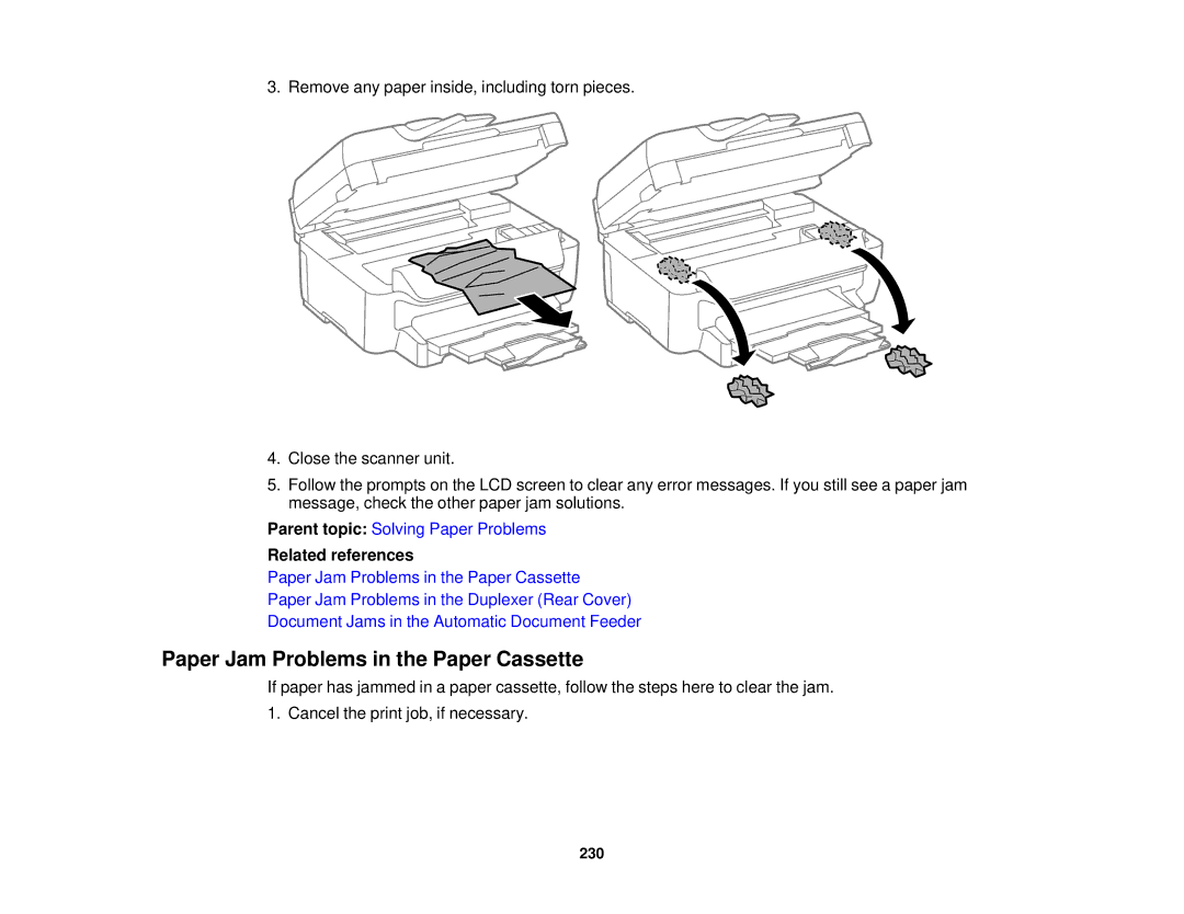 Epson WF-2650 manual Paper Jam Problems in the Paper Cassette 