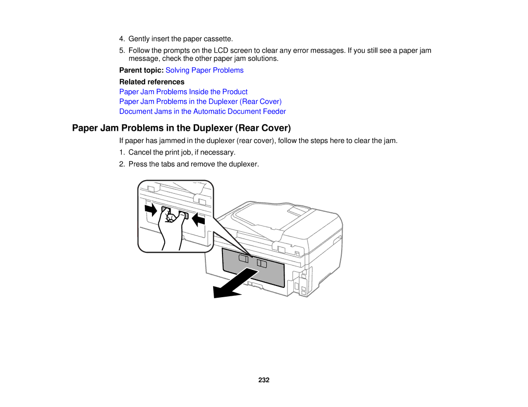 Epson WF-2650 manual Paper Jam Problems in the Duplexer Rear Cover 