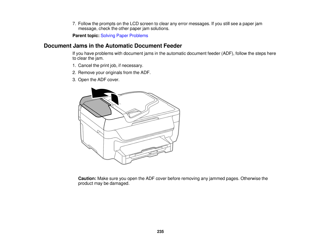 Epson WF-2650 manual Document Jams in the Automatic Document Feeder 