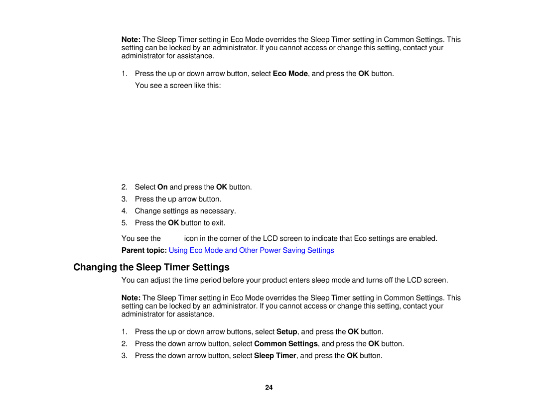 Epson WF-2650 manual Changing the Sleep Timer Settings 