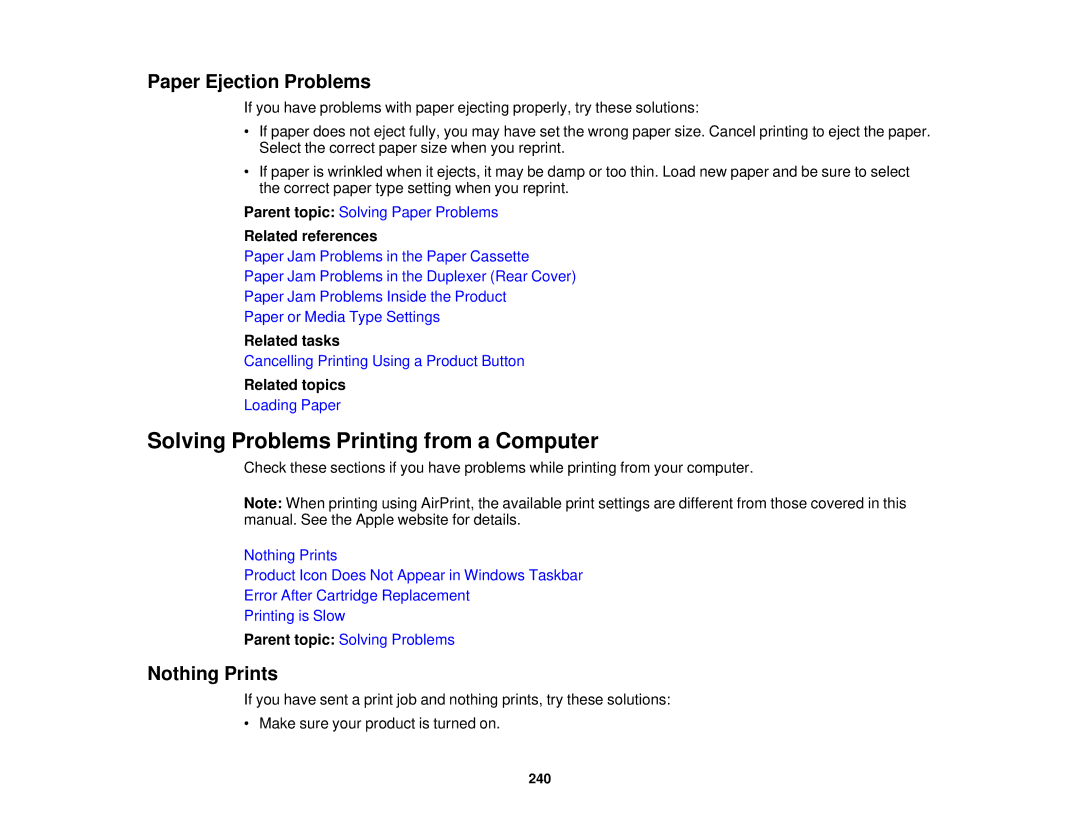 Epson WF-2650 manual Solving Problems Printing from a Computer, Paper Ejection Problems, Nothing Prints 