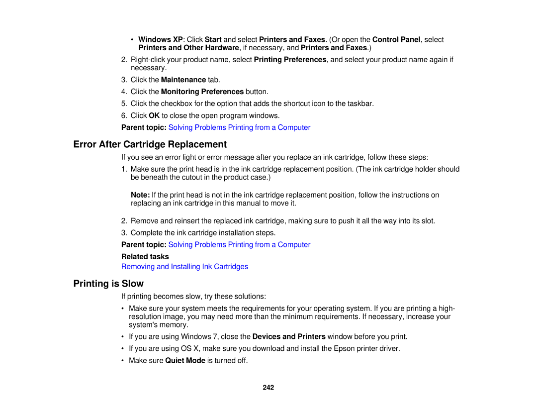 Epson WF-2650 manual Error After Cartridge Replacement, Printing is Slow, Click the Monitoring Preferences button 