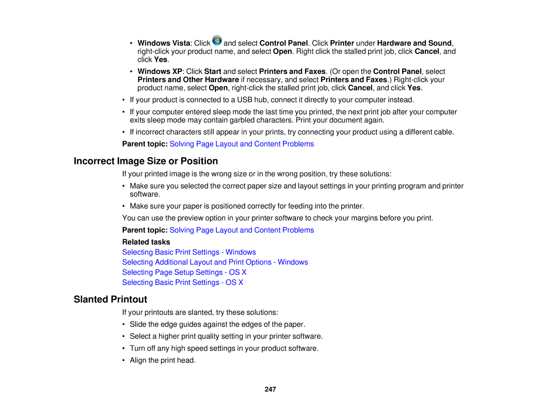 Epson WF-2650 manual Incorrect Image Size or Position, Slanted Printout 