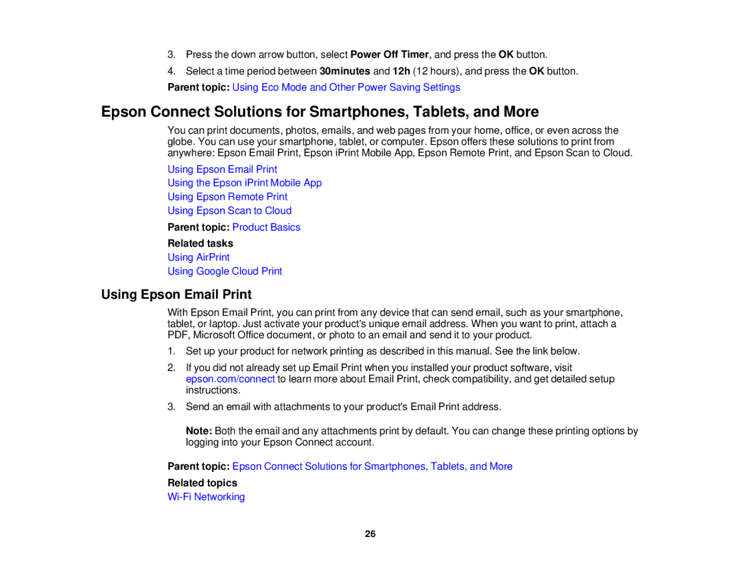 Epson WF-2650 manual Epson Connect Solutions for Smartphones, Tablets, and More, Using Epson Email Print, Related topics 