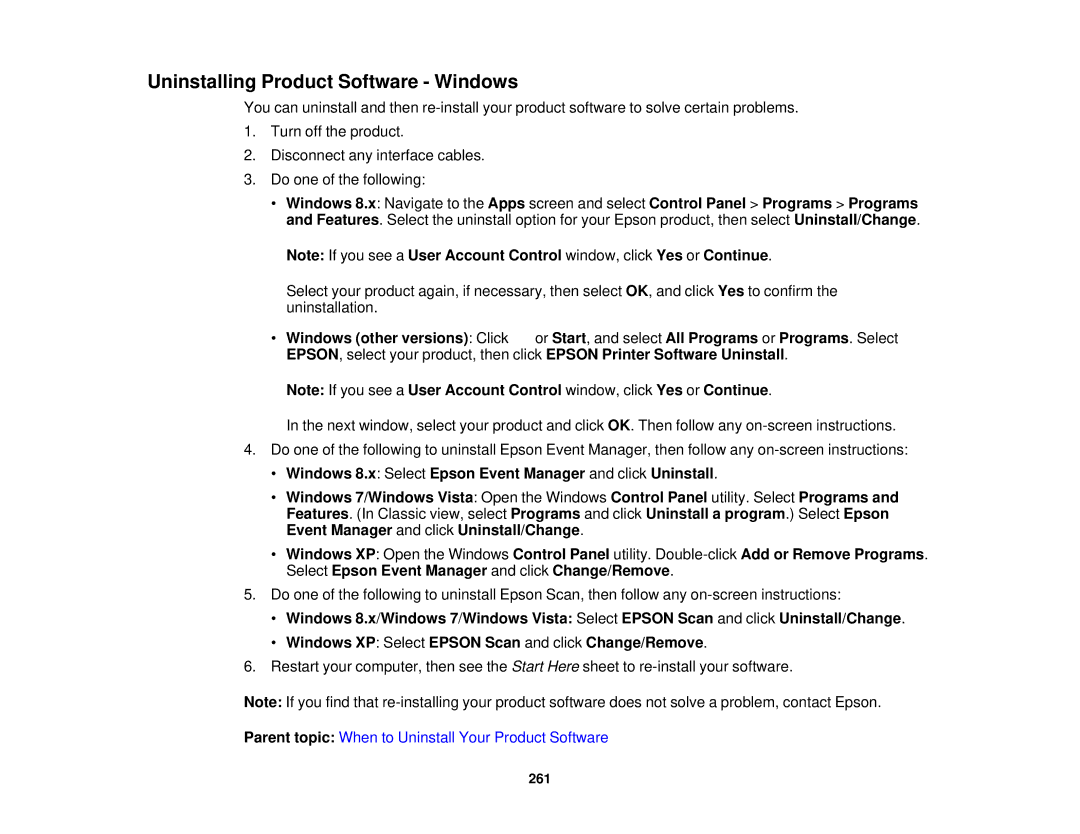 Epson WF-2650 manual Uninstalling Product Software Windows, Windows 8.x Select Epson Event Manager and click Uninstall 