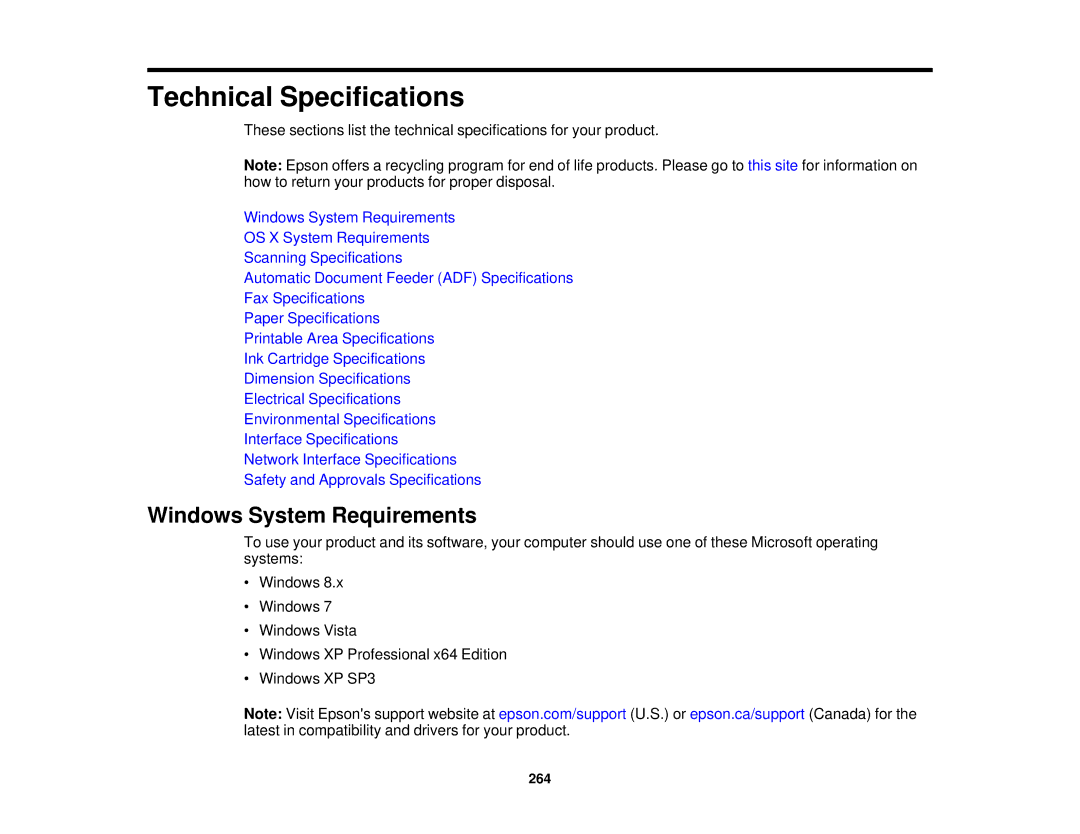 Epson WF-2650 manual Technical Specifications, Windows System Requirements 