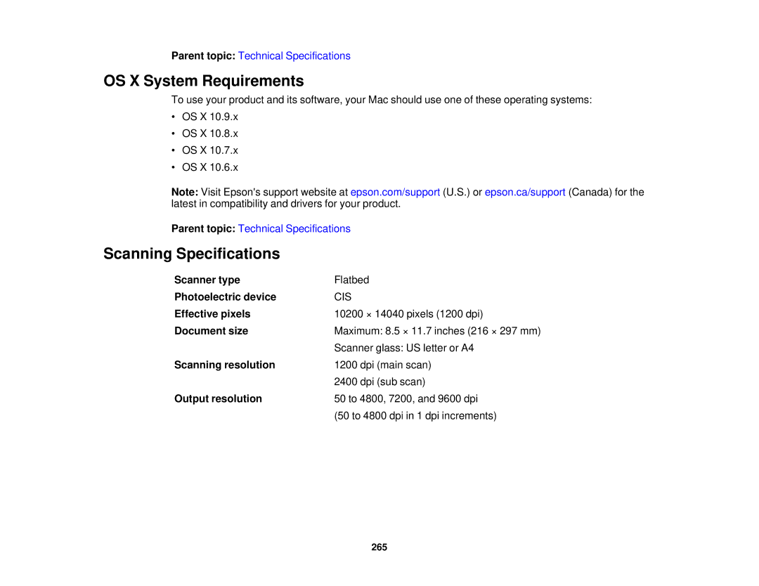 Epson WF-2650 manual OS X System Requirements, Scanning Specifications 