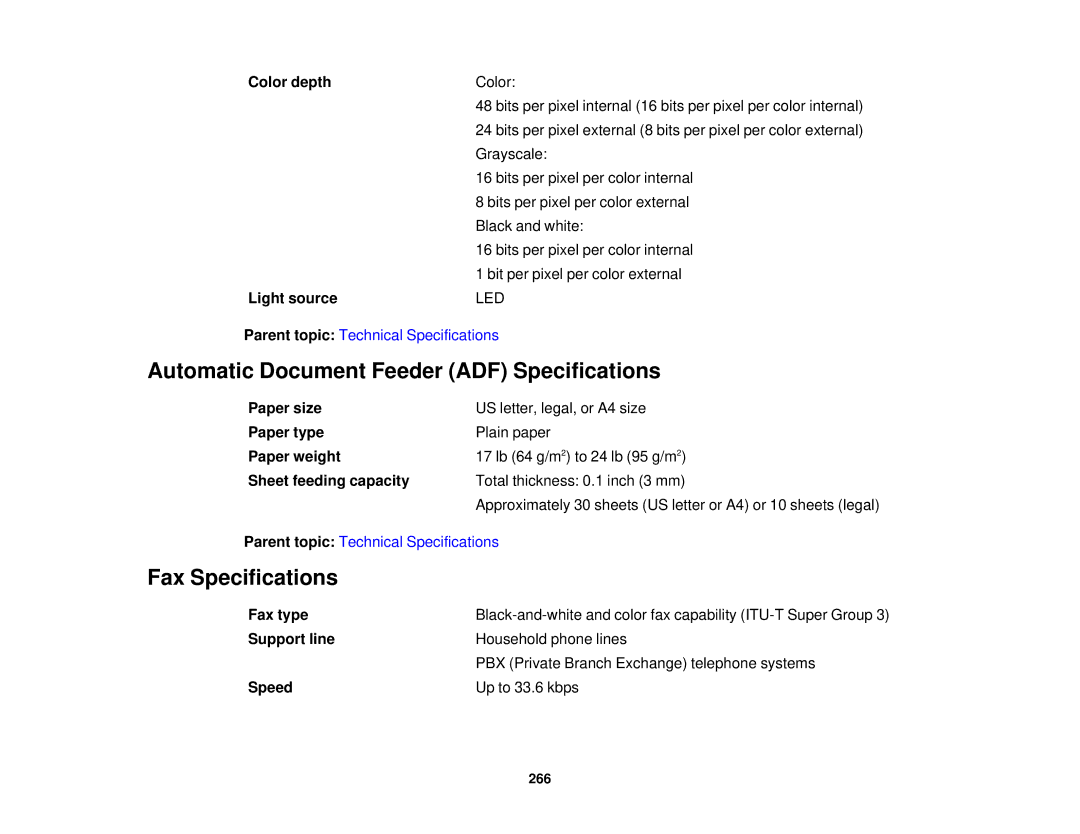 Epson WF-2650 manual Automatic Document Feeder ADF Specifications, Fax Specifications 