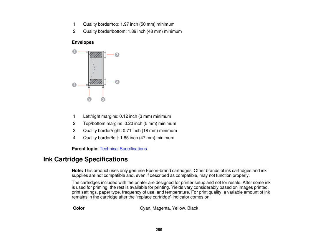 Epson WF-2650 manual Ink Cartridge Specifications, Envelopes 