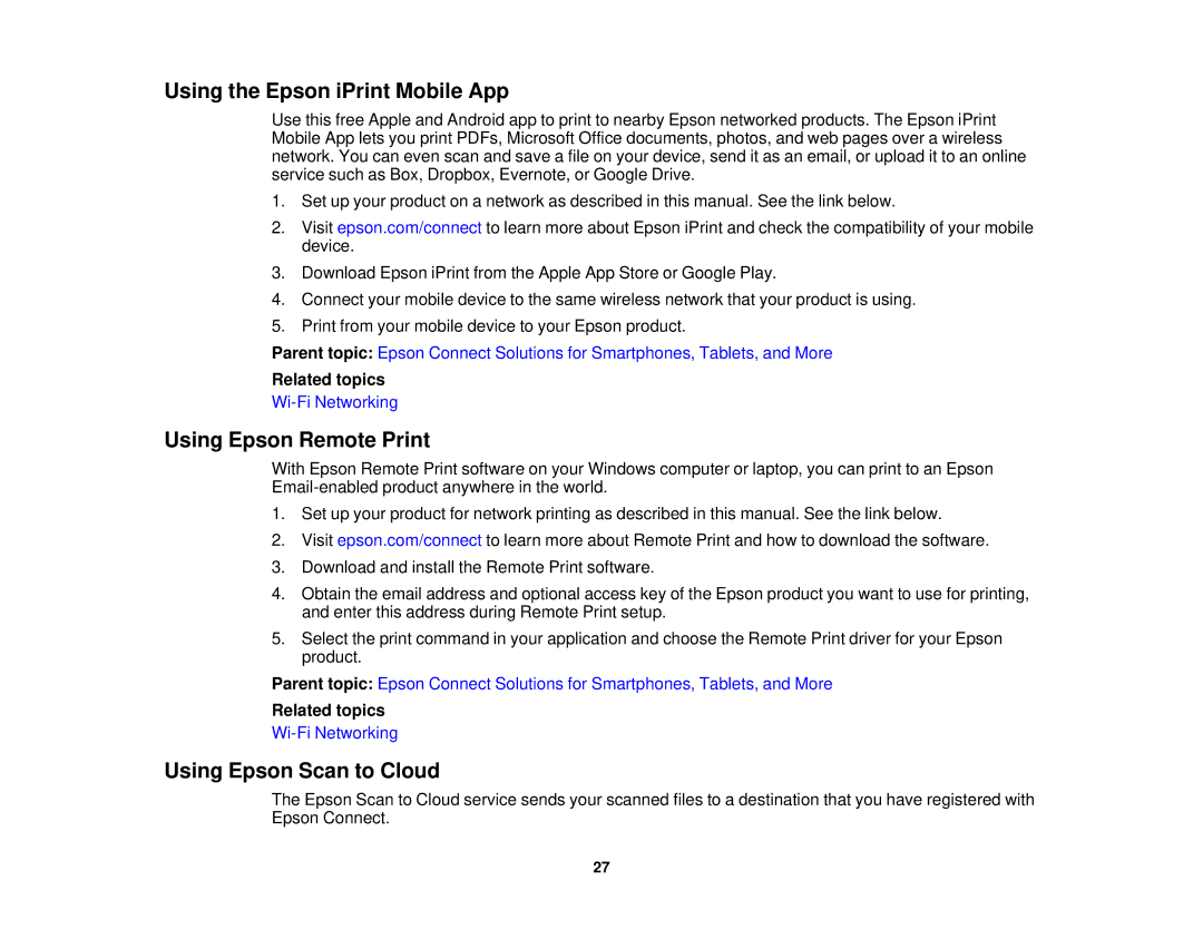 Epson WF-2650 manual Using the Epson iPrint Mobile App, Using Epson Remote Print, Using Epson Scan to Cloud 