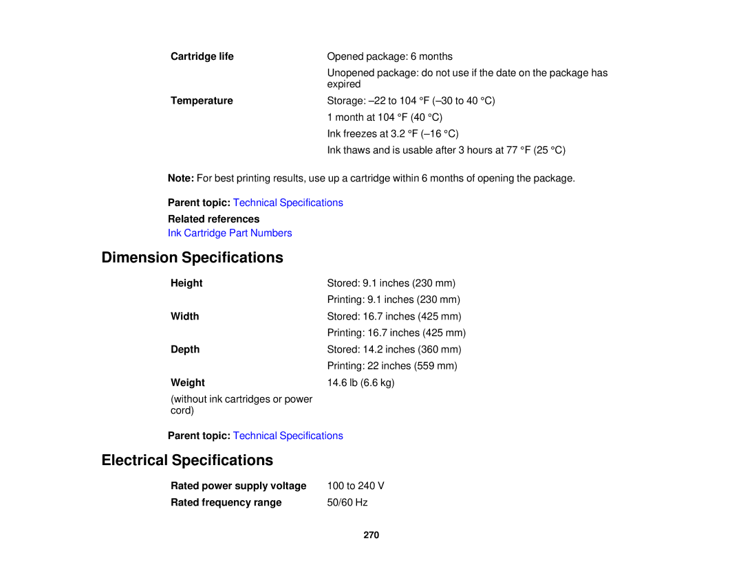 Epson WF-2650 manual Dimension Specifications, Electrical Specifications 