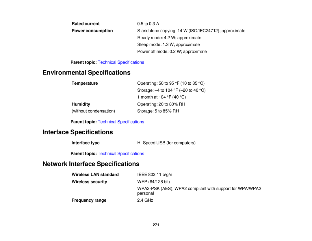 Epson WF-2650 manual Environmental Specifications, Network Interface Specifications 