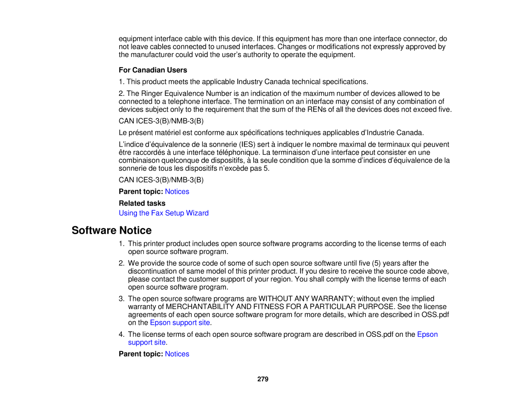 Epson WF-2650 manual Software Notice, For Canadian Users, Parent topic Notices Related tasks 