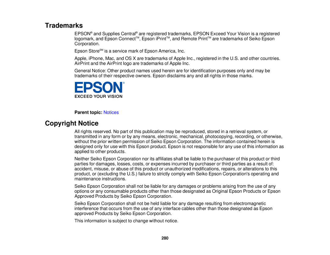 Epson WF-2650 manual Trademarks, Copyright Notice 