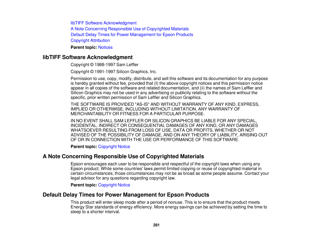 Epson WF-2650 manual LibTIFF Software Acknowledgment, Default Delay Times for Power Management for Epson Products 