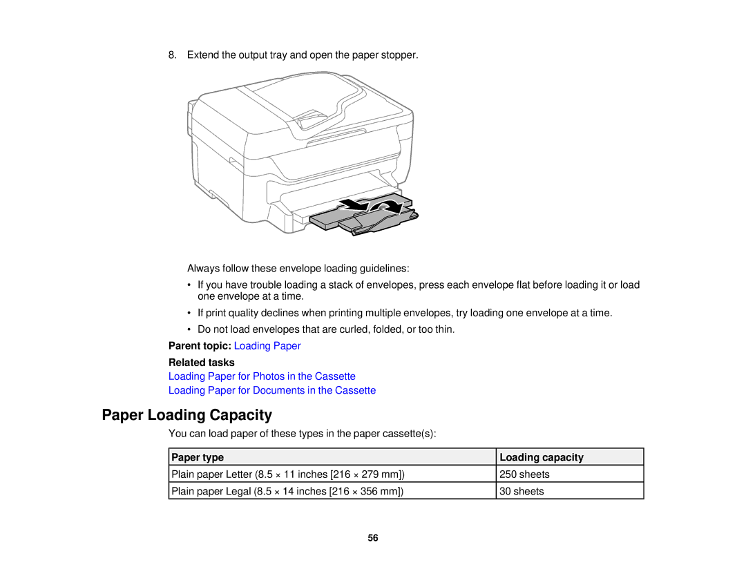 Epson WF-2650 manual Paper Loading Capacity, Parent topic Loading Paper Related tasks, Paper type Loading capacity 