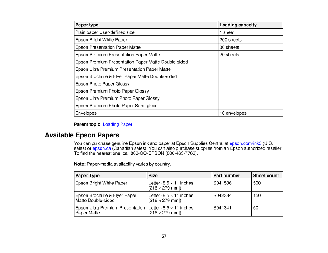 Epson WF-2650 manual Available Epson Papers, Parent topic Loading Paper, Paper Type Size Part number Sheet count 