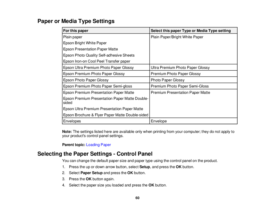 Epson WF-2650 manual Paper or Media Type Settings, Selecting the Paper Settings Control Panel 