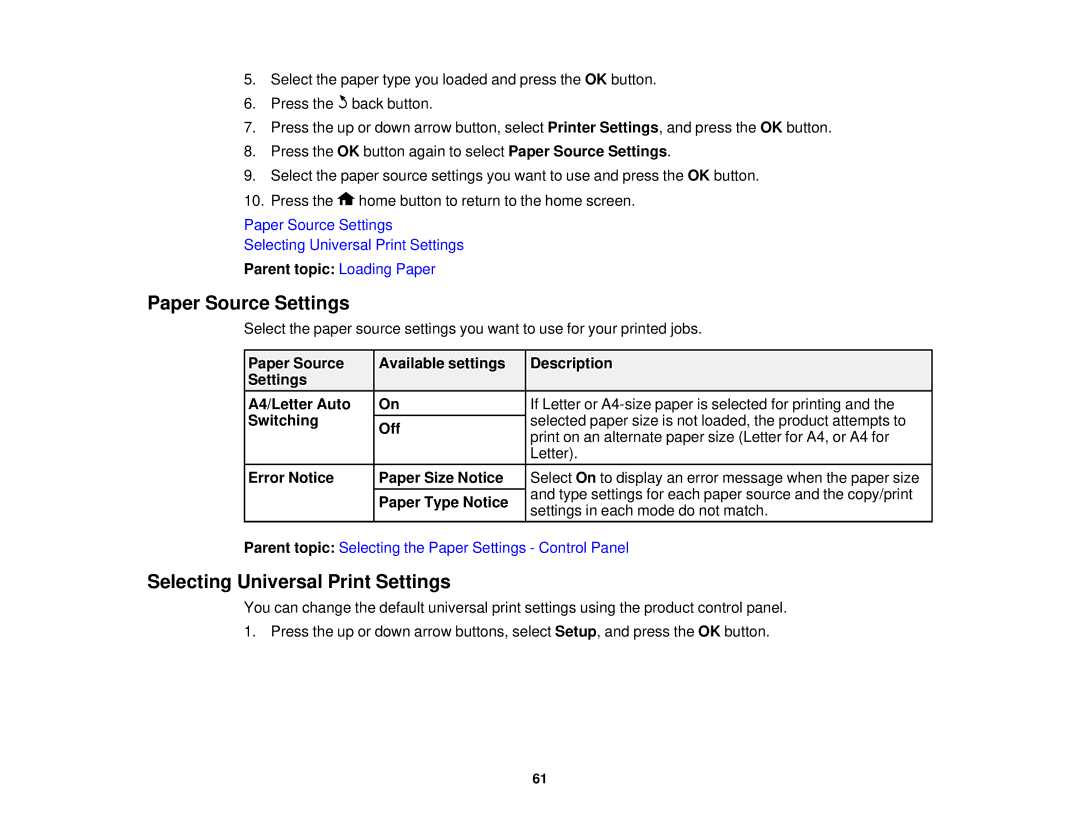 Epson WF-2650 manual Paper Source Settings, Selecting Universal Print Settings 