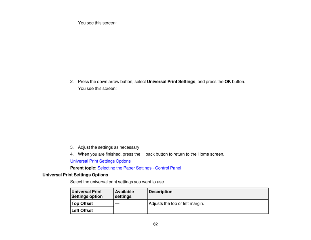 Epson WF-2650 manual Universal Print Settings Options 