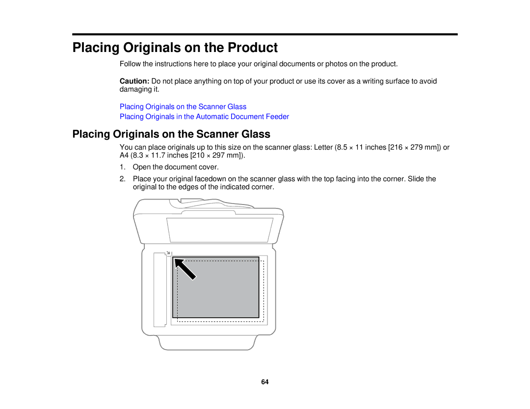 Epson WF-2650 manual Placing Originals on the Product, Placing Originals on the Scanner Glass 