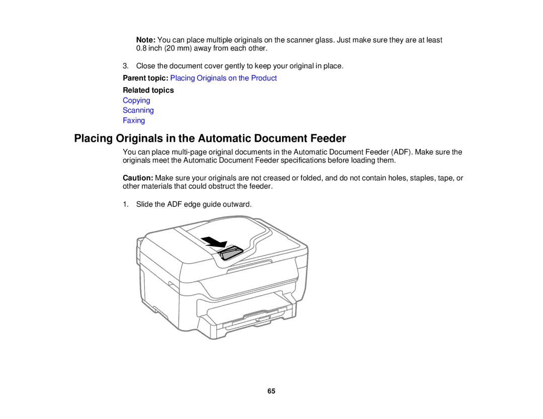 Epson WF-2650 manual Placing Originals in the Automatic Document Feeder, Related topics 