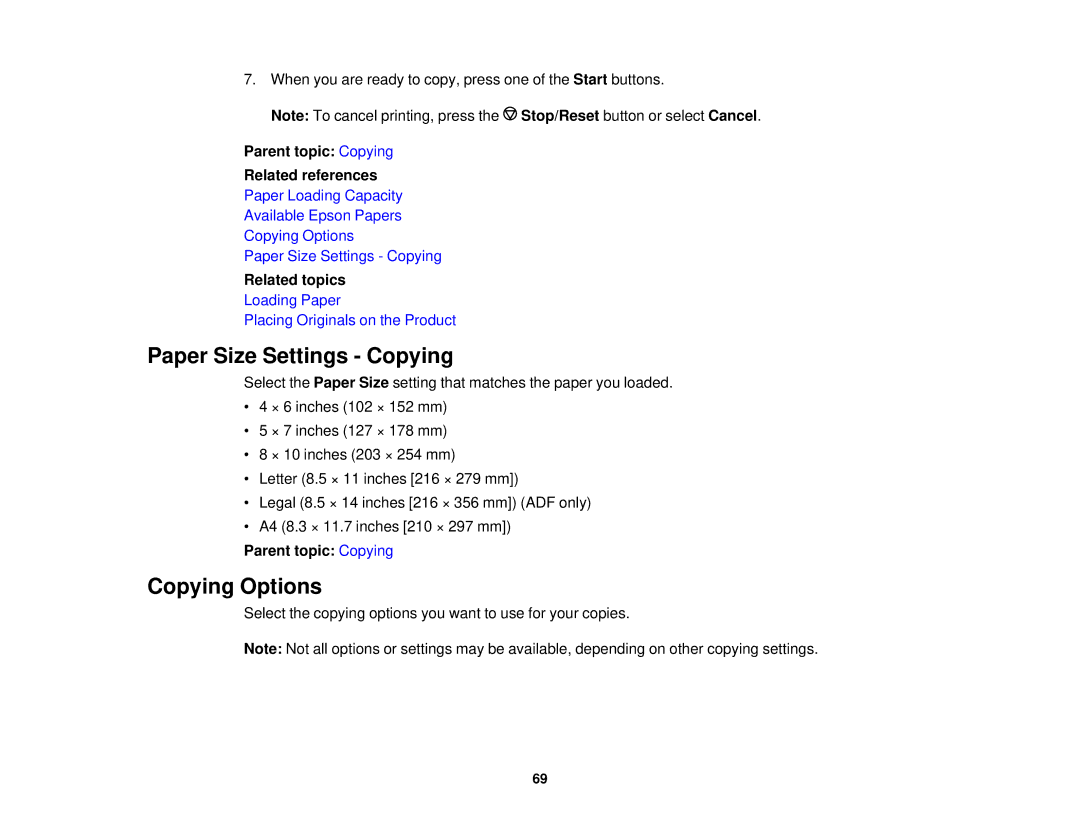 Epson WF-2650 manual Paper Size Settings Copying, Copying Options, Parent topic Copying Related references 