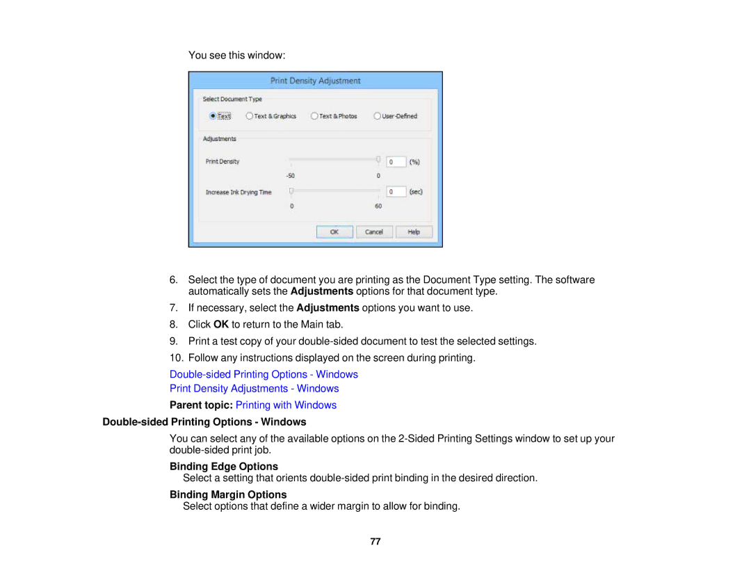 Epson WF-2650 manual Double-sided Printing Options Windows, Binding Edge Options, Binding Margin Options 