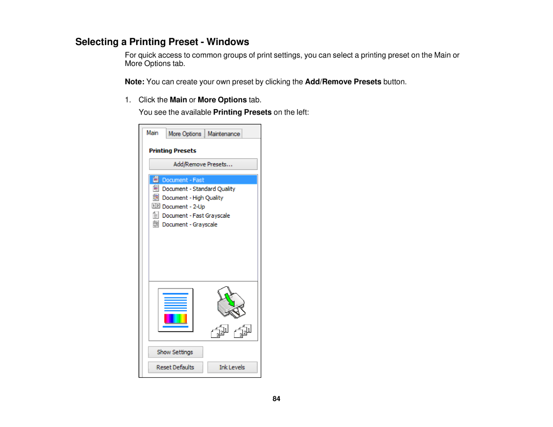 Epson WF-2650 manual Selecting a Printing Preset Windows, Click the Main or More Options tab 