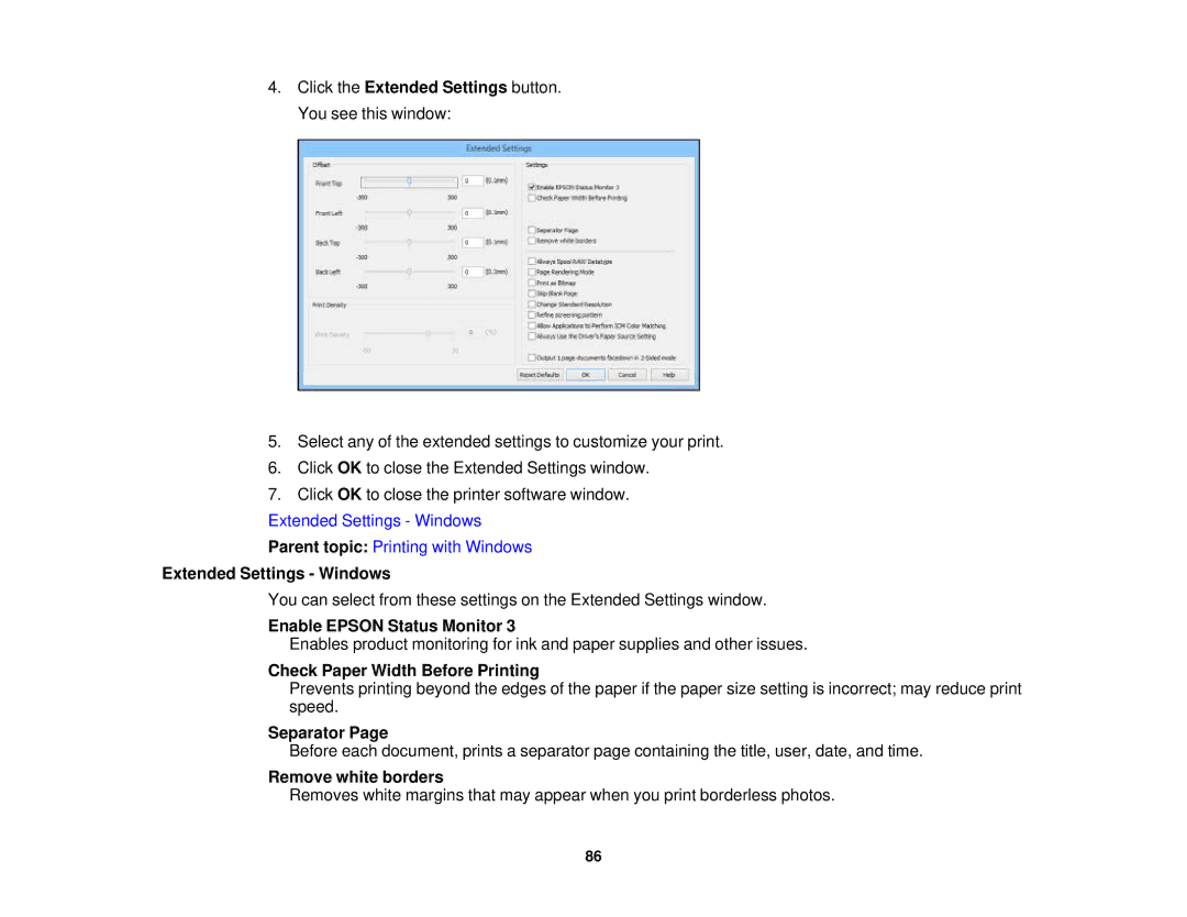 Epson WF-2650 manual Extended Settings Windows, Enable Epson Status Monitor, Check Paper Width Before Printing, Separator 